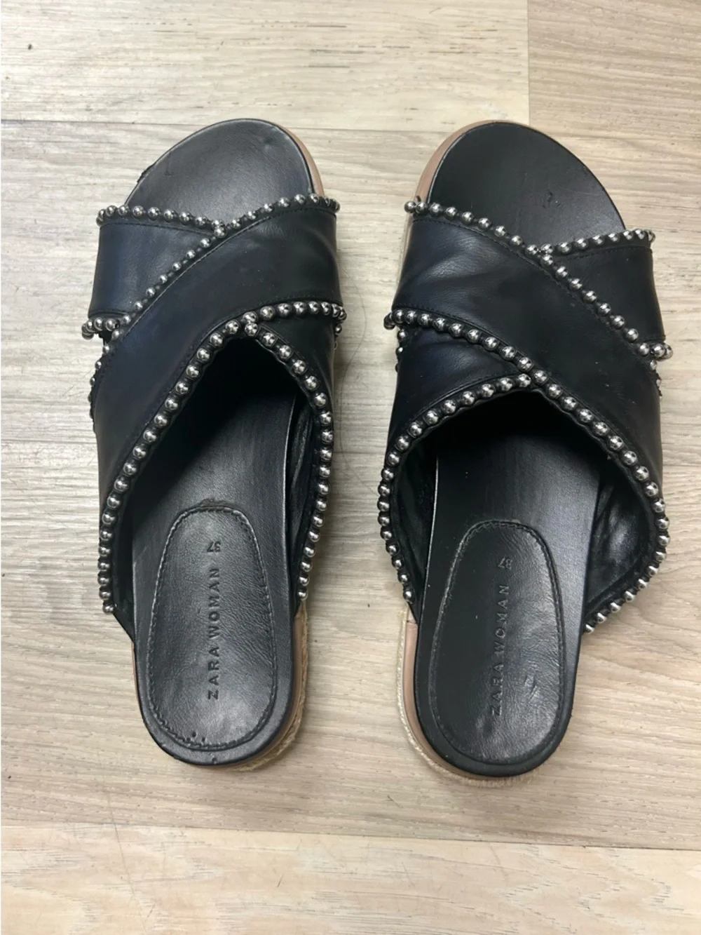 Zara Sandals Black Silver Studded Cross Strap Slides Women 6.5 Open Toe Slip On - Picture 10 of 12